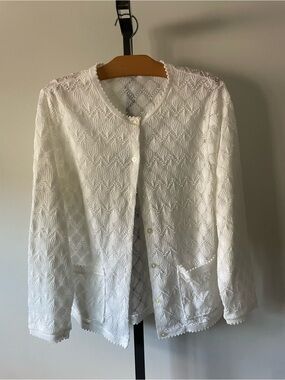 70s Vintage Eaton White Lace Pointelle Knit Cardigan Sweater XL